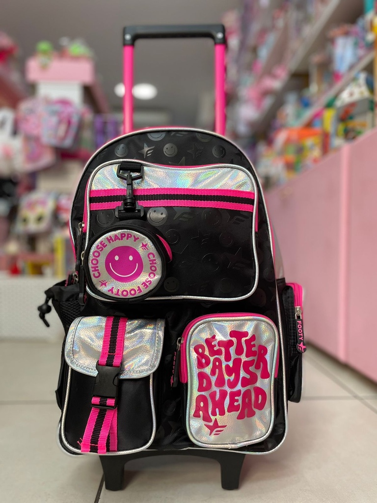 Mochila carrito negra con caritas footy 18"