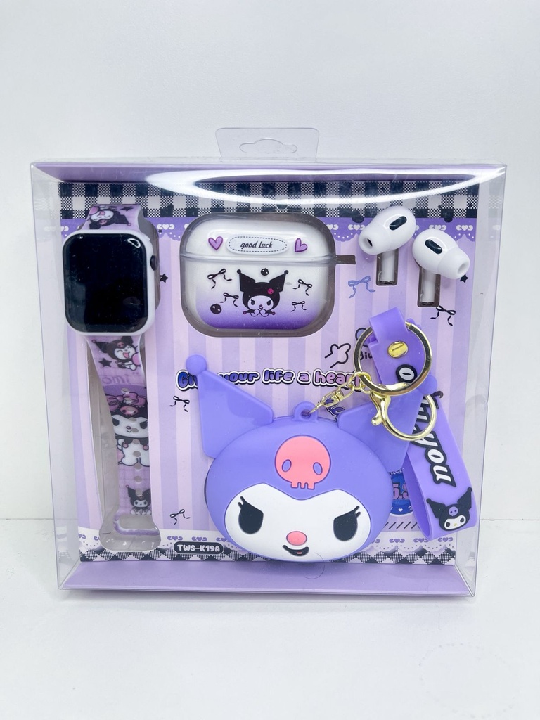 Auricular kuromi c/reloj llavero y monedero
